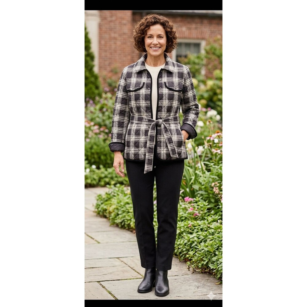 Talbots Quilted Plaid Shirt Jacket Sz L Tie Waist Black White Lightweight Coat